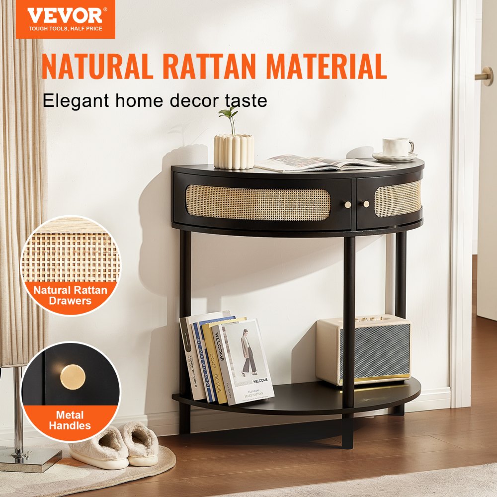VEVOR Half-moon Rattan Console Table 2 Storage Drawers Rattan Sliding Door Black 