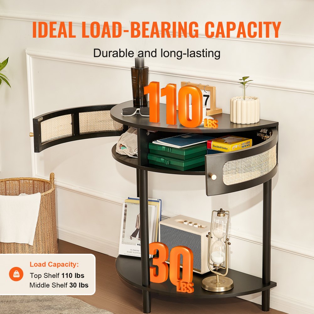 VEVOR Half-moon Rattan Console Table 2 Storage Drawers Rattan Sliding Door Black 