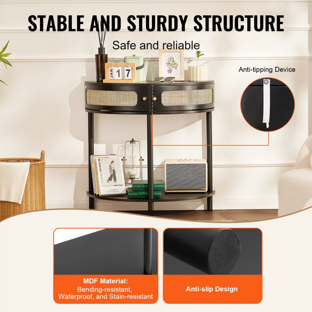 VEVOR Half-moon Rattan Console Table 2 Storage Drawers Rattan Sliding Door Black 