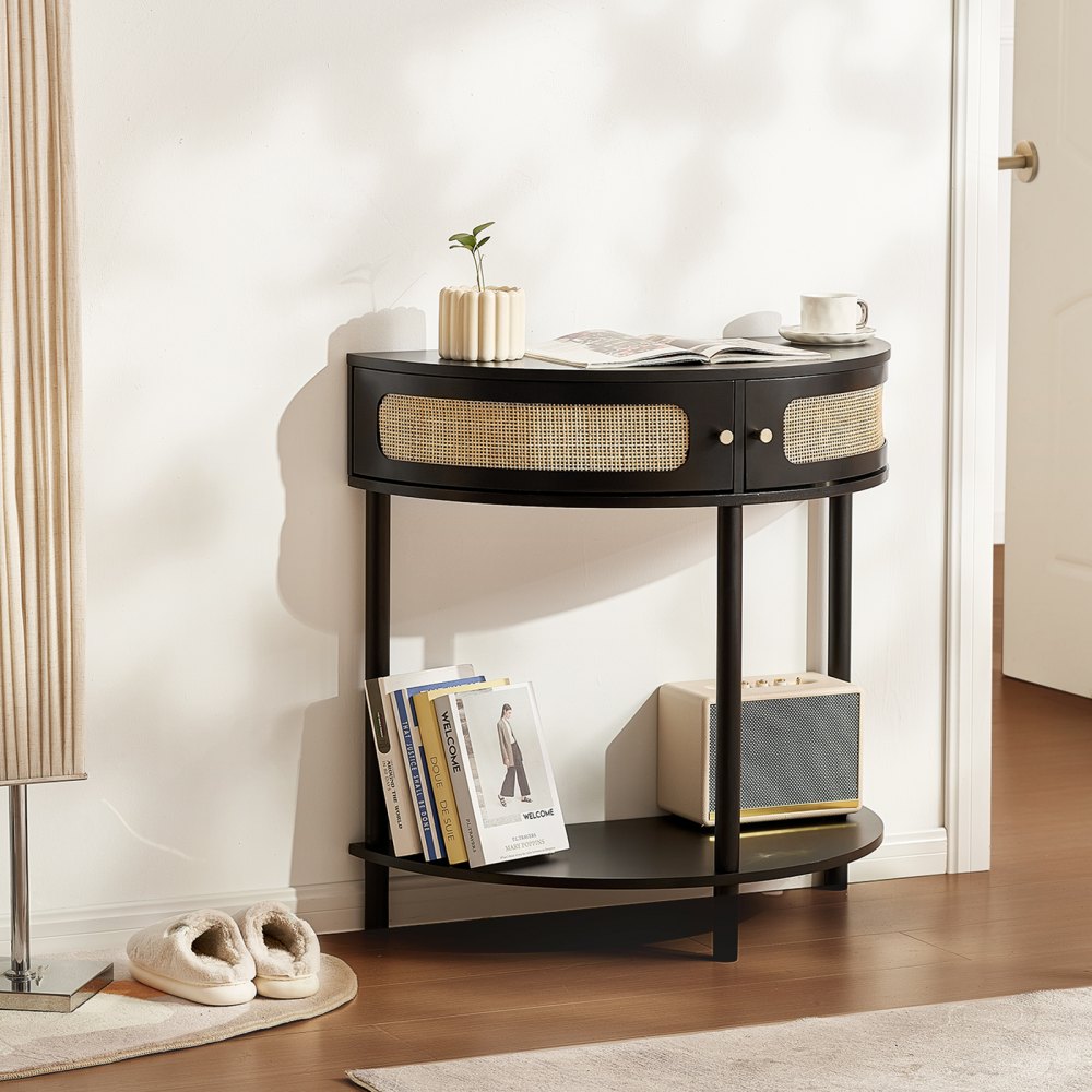 VEVOR Half-moon Rattan Console Table 2 Storage Drawers Rattan Sliding Door Black 