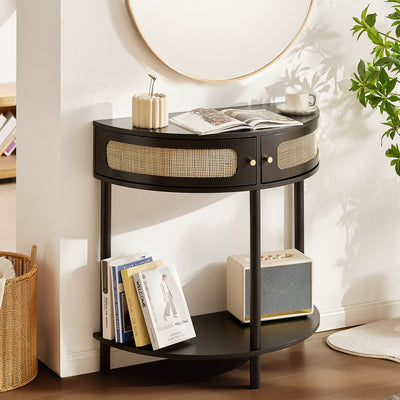 VEVOR Half-moon Rattan Console Table 2 Storage Drawers Rattan Sliding Door Black 