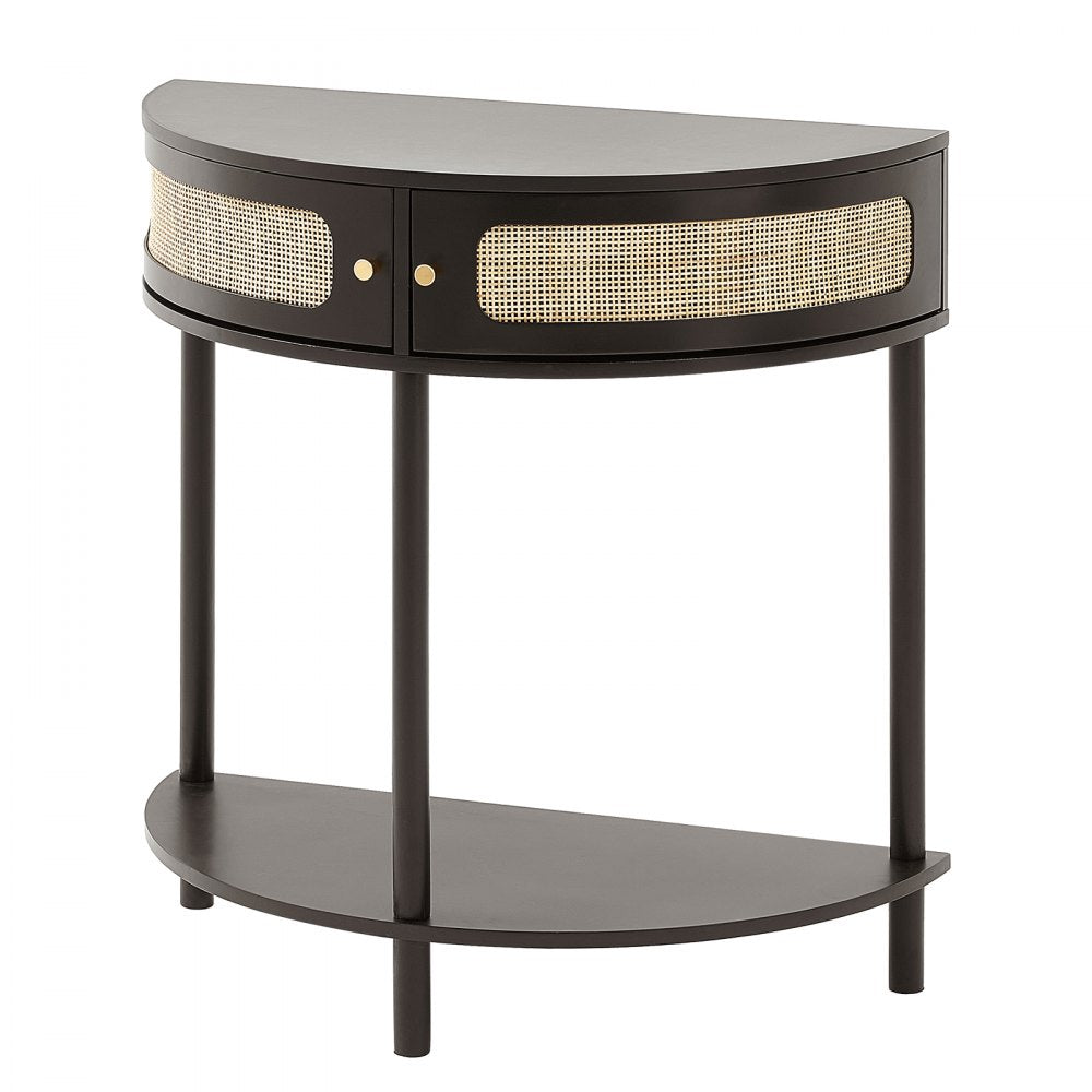 VEVOR Half-moon Rattan Console Table 2 Storage Drawers Rattan Sliding Door Black 