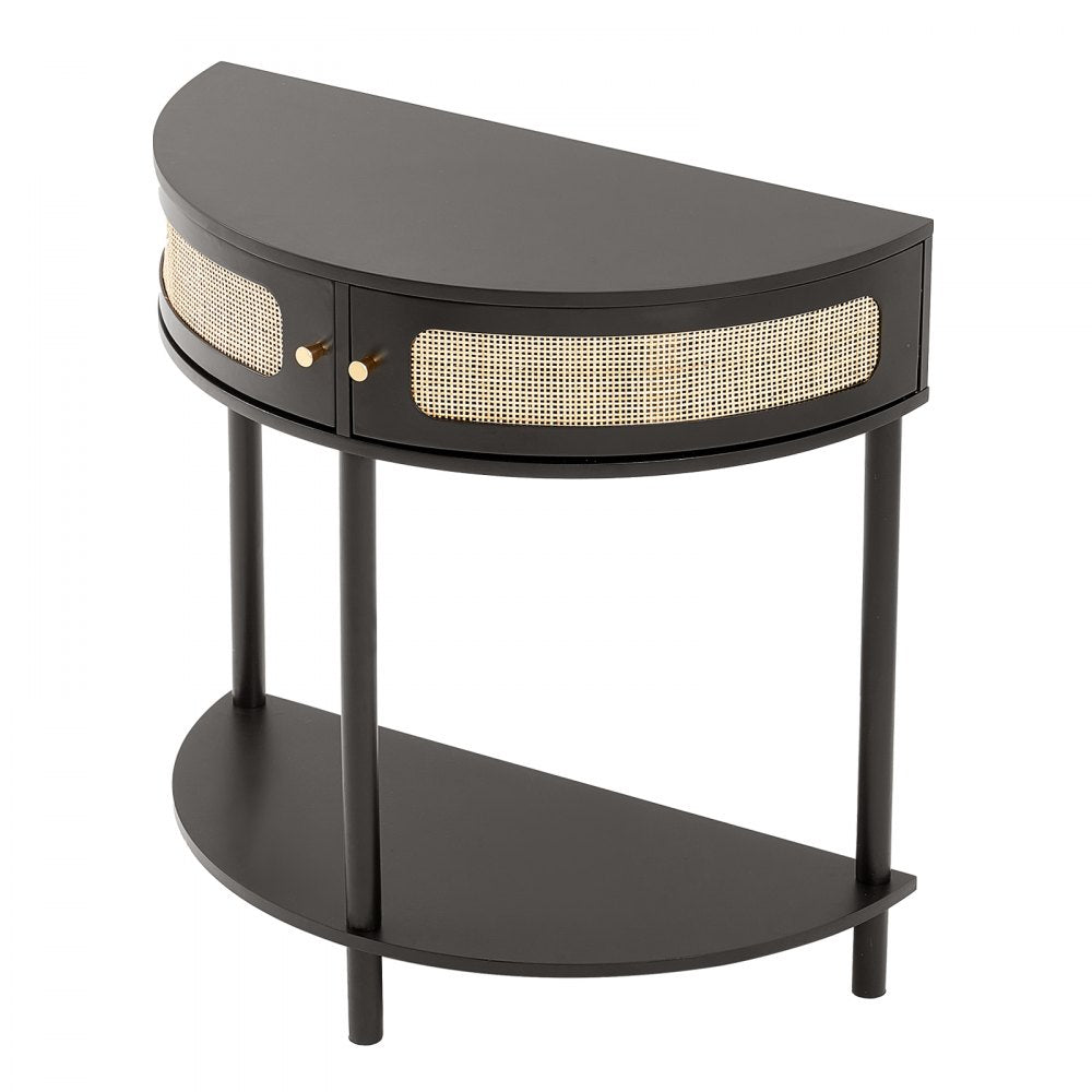 VEVOR Half-moon Rattan Console Table 2 Storage Drawers Rattan Sliding Door Black 