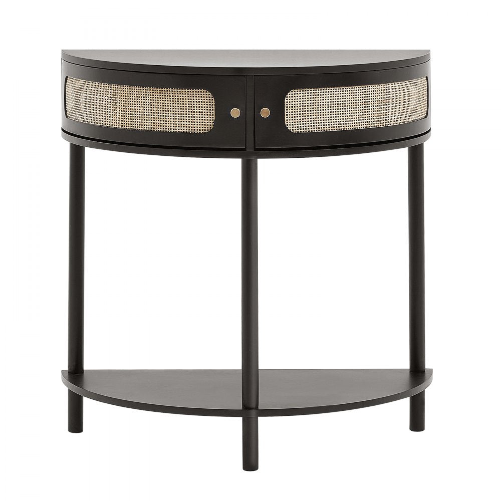 VEVOR Half-moon Rattan Console Table 2 Storage Drawers Rattan Sliding Door Black 