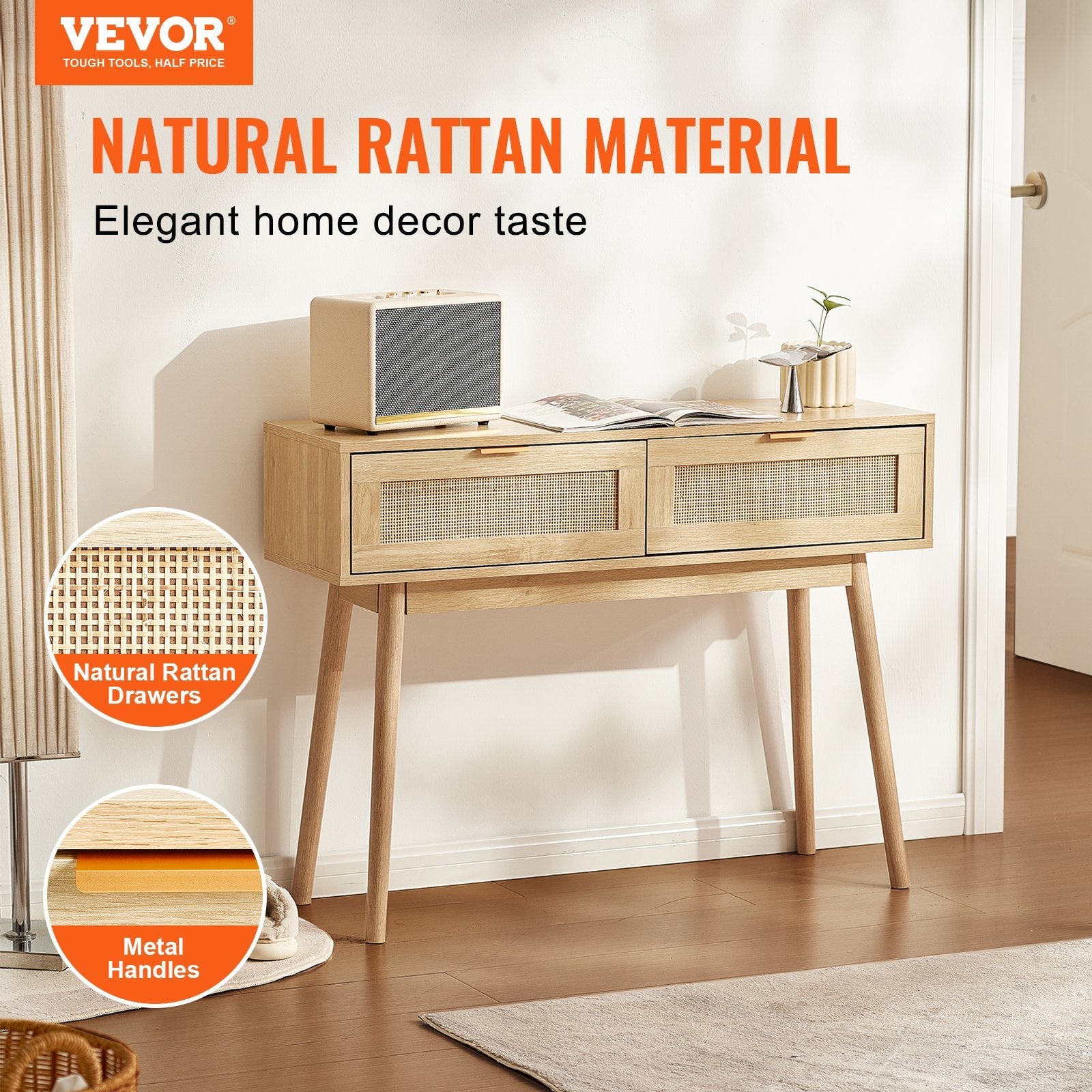 VEVOR Rattan Console Table with 2 Storage Drawers Rattan Sliding Door Natural 