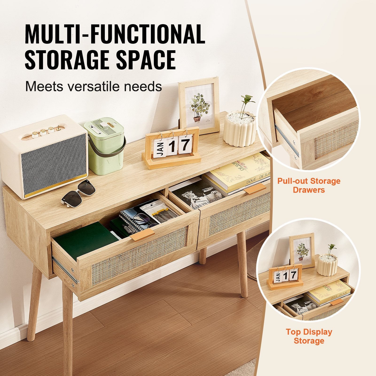 VEVOR Rattan Console Table with 2 Storage Drawers Rattan Sliding Door Natural 