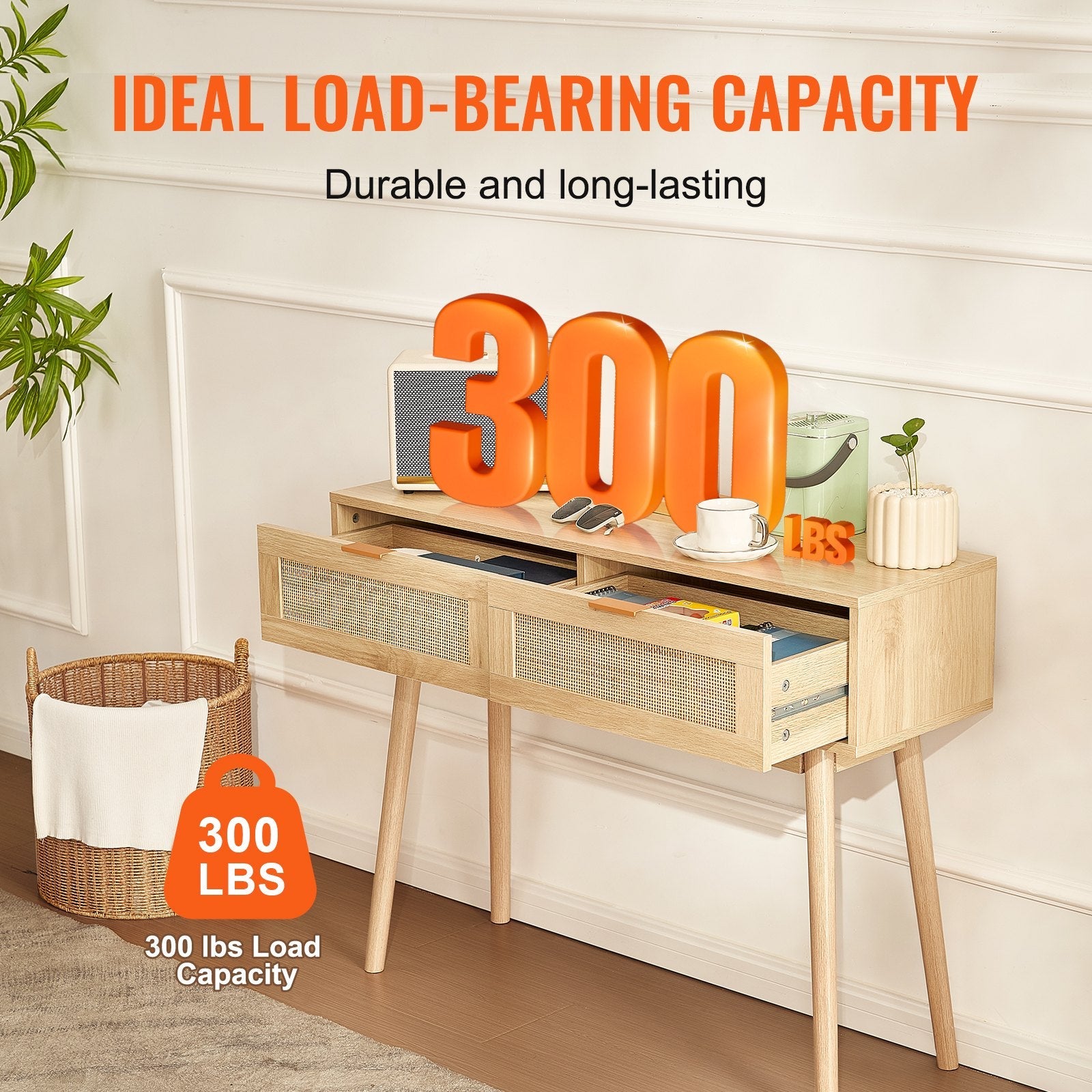 VEVOR Rattan Console Table with 2 Storage Drawers Rattan Sliding Door Natural 