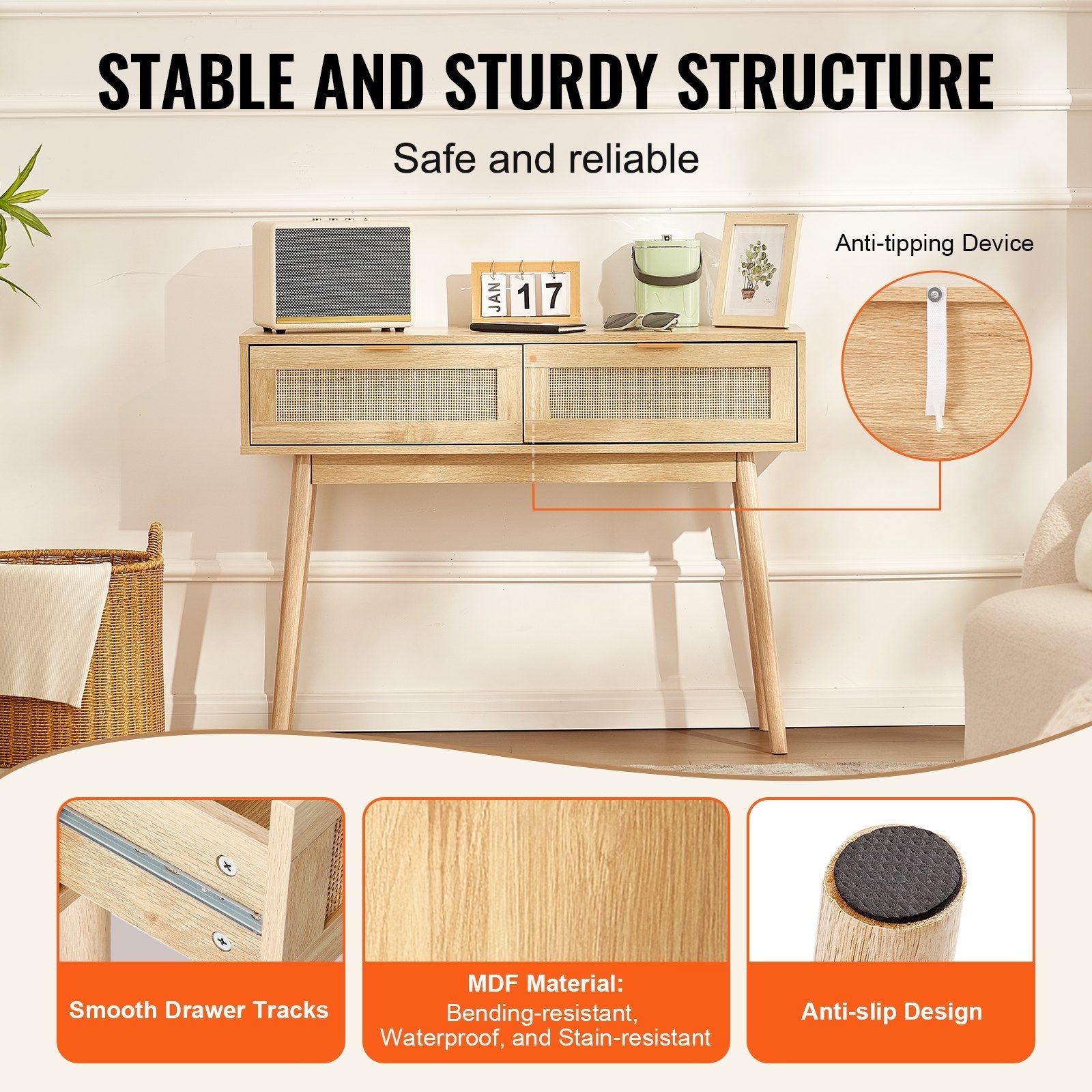 VEVOR Rattan Console Table with 2 Storage Drawers Rattan Sliding Door Natural 