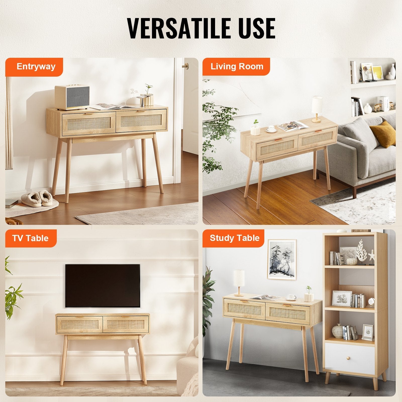 VEVOR Rattan Console Table with 2 Storage Drawers Rattan Sliding Door Natural 