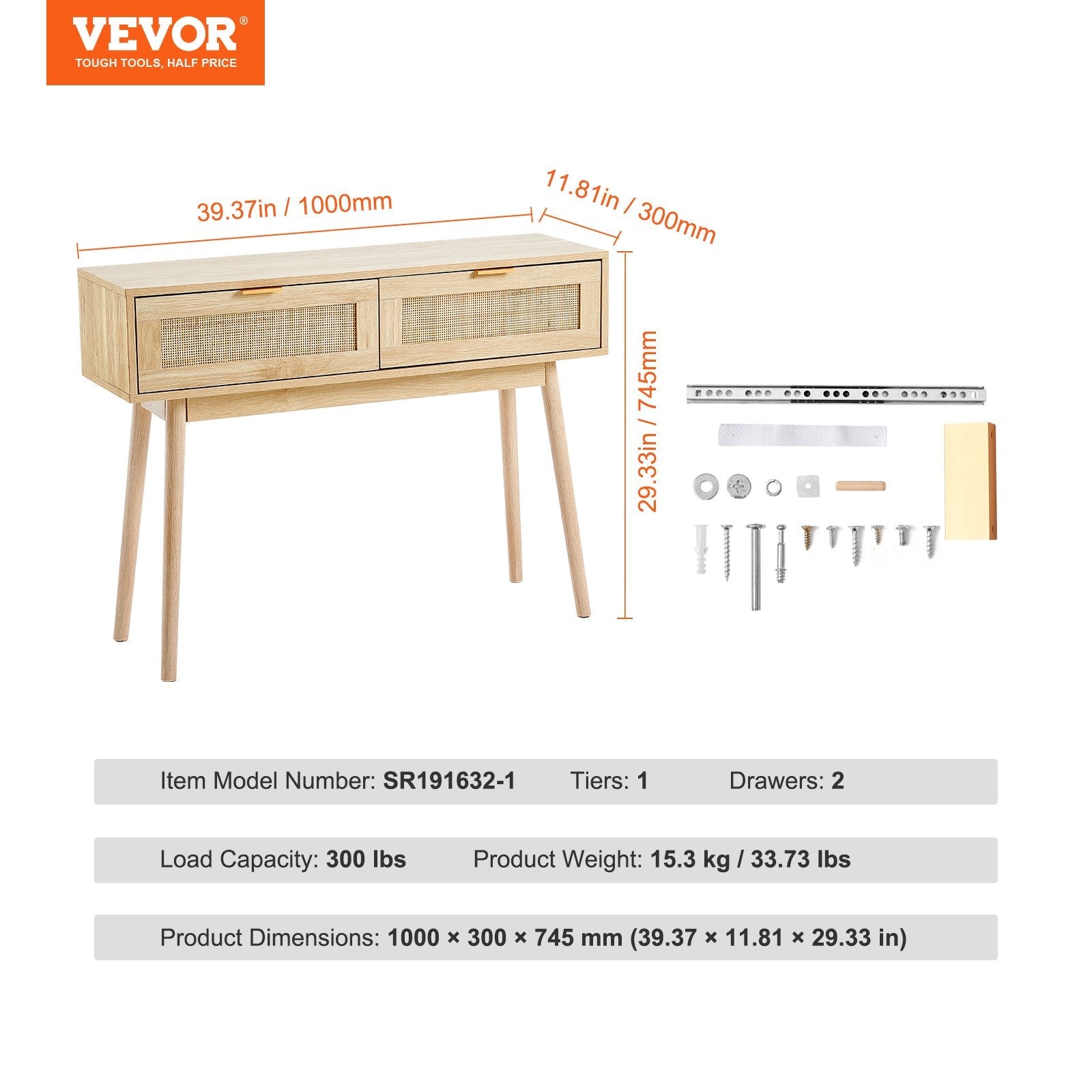 VEVOR Rattan Console Table with 2 Storage Drawers Rattan Sliding Door Natural 