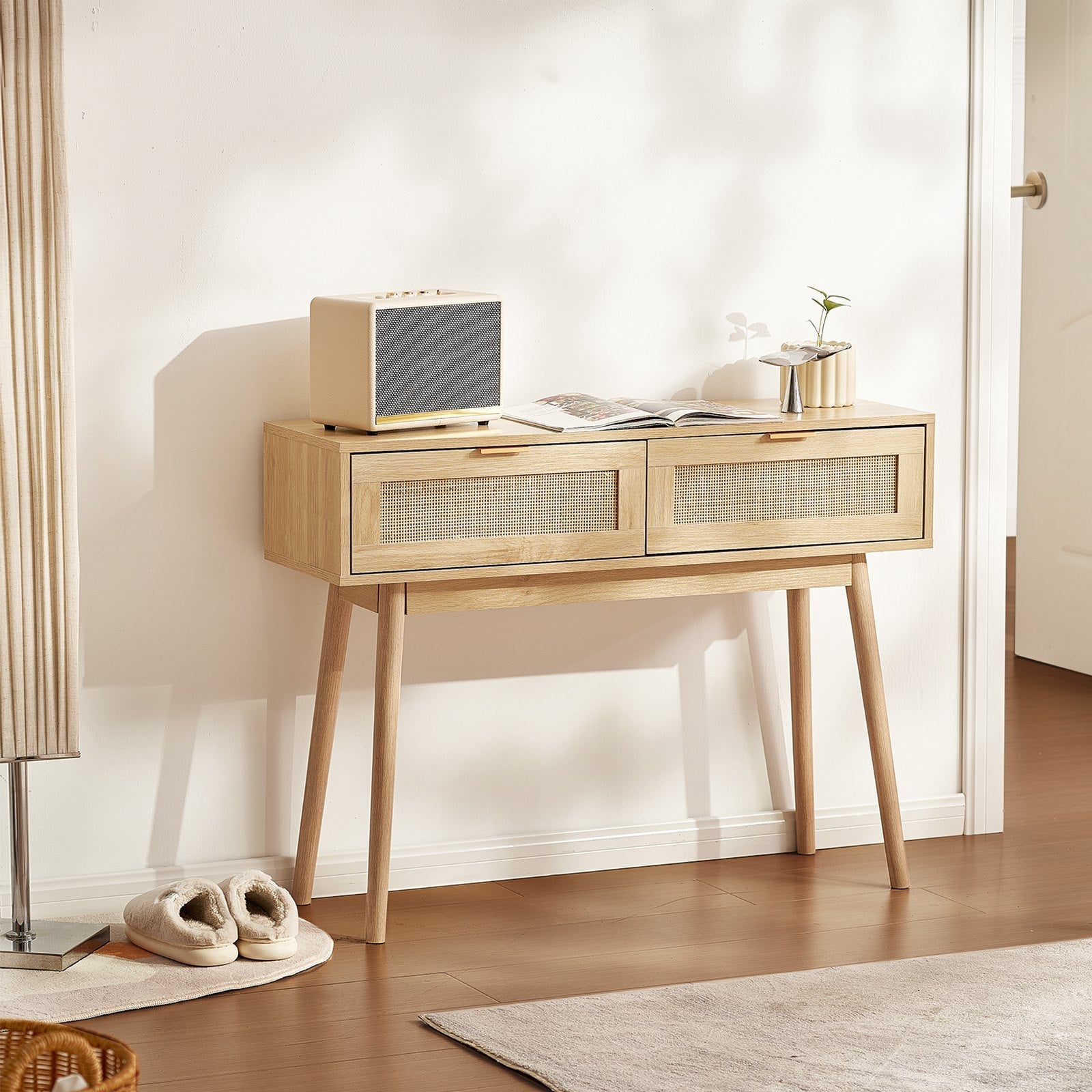 VEVOR Rattan Console Table with 2 Storage Drawers Rattan Sliding Door Natural 