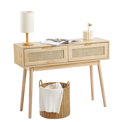 VEVOR Rattan Console Table with 2 Storage Drawers Rattan Sliding Door Natural 