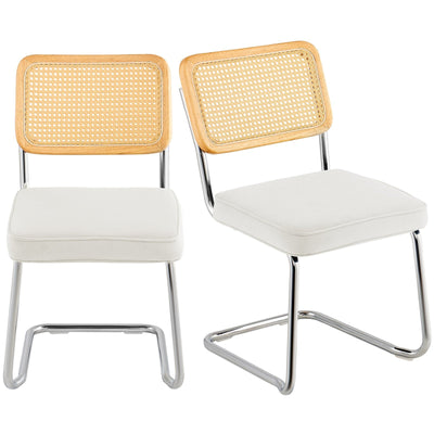VEVOR Rattan Chairs, Set of 2, Mid Century Modern Dining Chair, Upholstered Velvet Accent Chair with Rattan Back, Retro Dining Room Kitchen Chair for Living Room, Bedroom, Reading Room, Office, White 