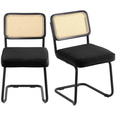 VEVOR Rattan Chairs, Set of 2, Mid Century Modern Dining Chair, Upholstered Velvet Accent Chair with Rattan Back, Retro Dining Room Kitchen Chair for Living Room, Bedroom, Reading Room, Office, Black 