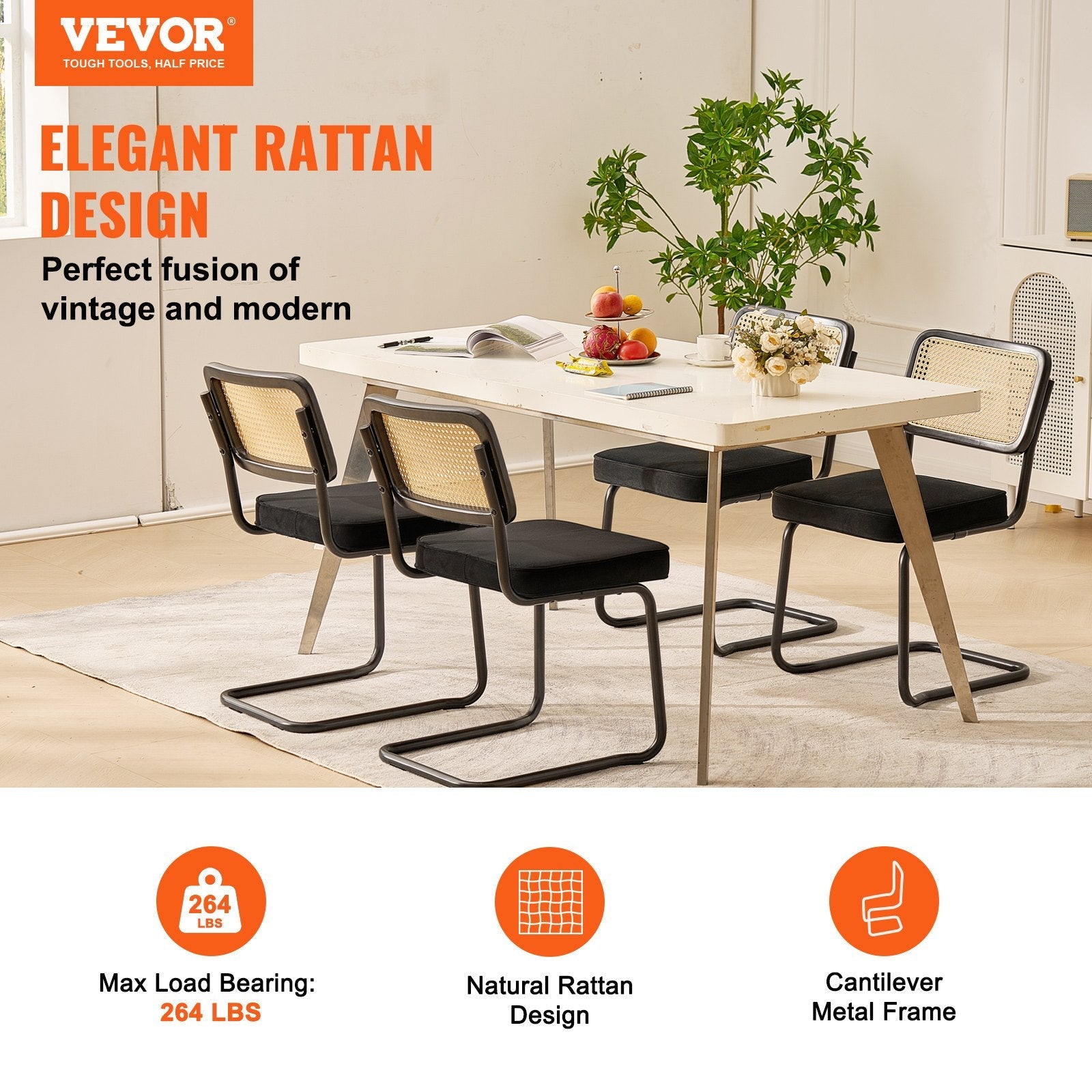 VEVOR Rattan Chairs, Set of 4, Mid Century Modern Dining Chair, Upholstered Velvet Accent Chair with Rattan Back, Retro Dining Room Kitchen Chair for Living Room, Bedroom, Reading Room, Office, Black 