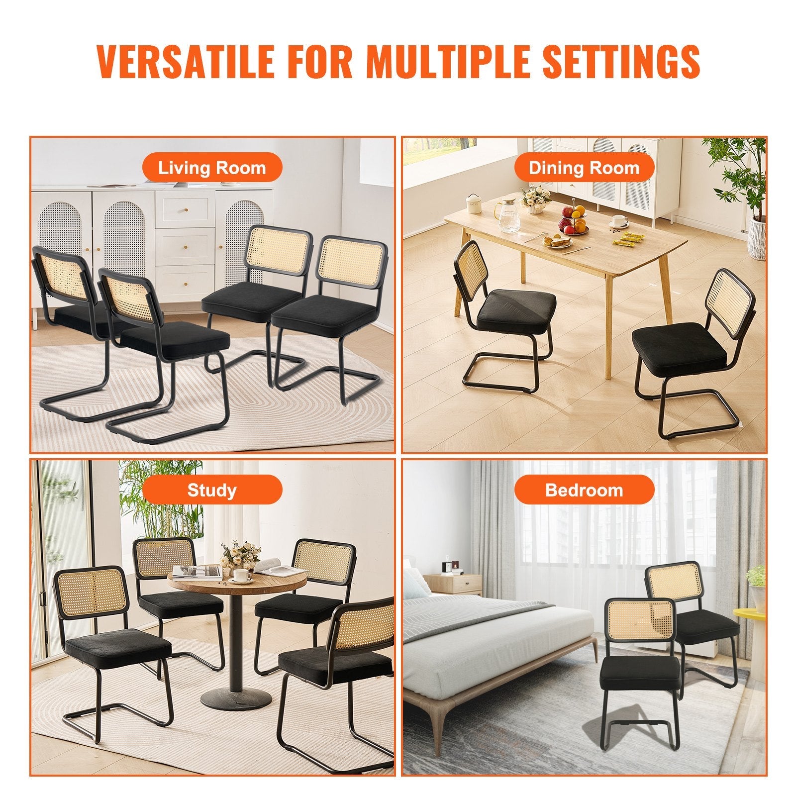 VEVOR Rattan Chairs, Set of 4, Mid Century Modern Dining Chair, Upholstered Velvet Accent Chair with Rattan Back, Retro Dining Room Kitchen Chair for Living Room, Bedroom, Reading Room, Office, Black 