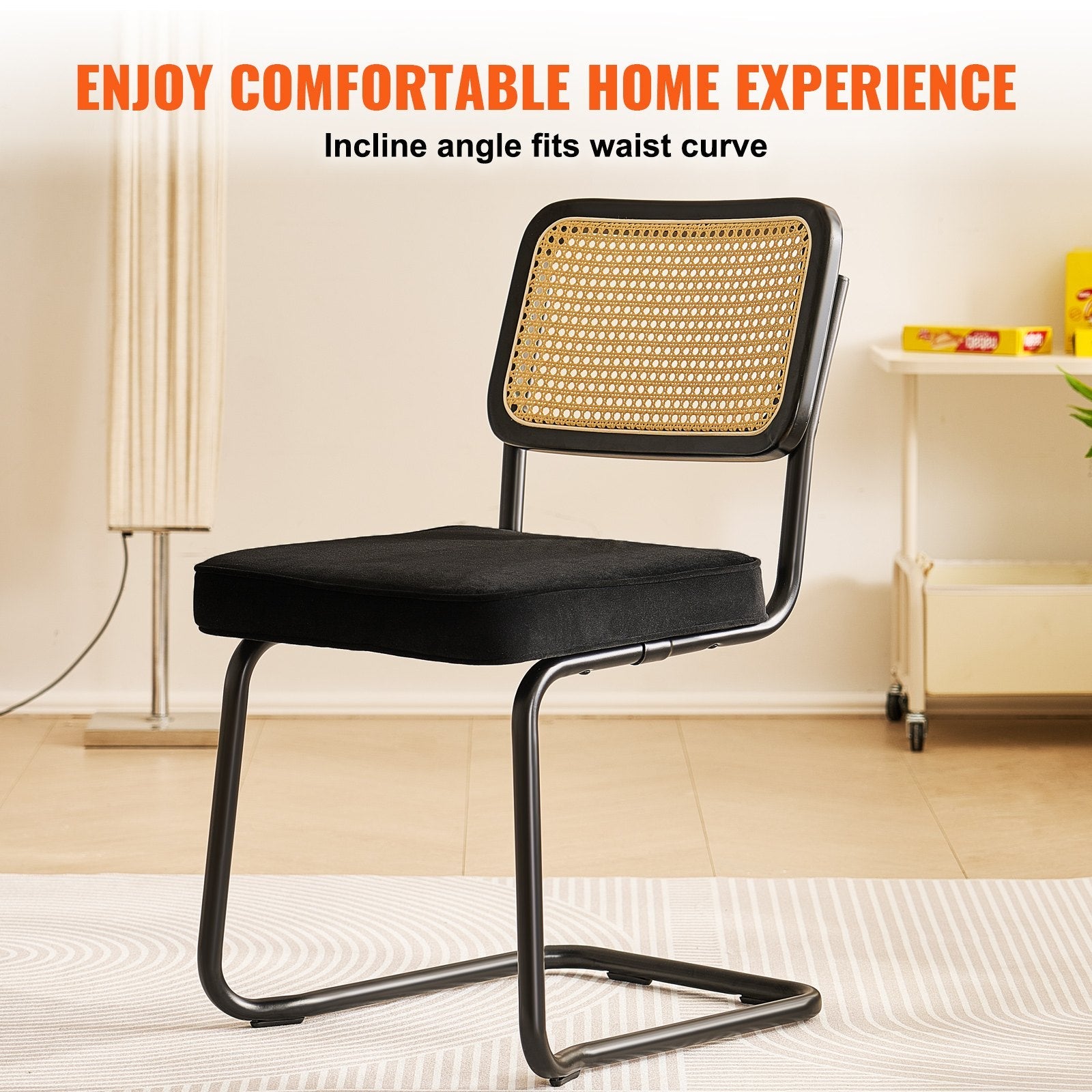 VEVOR Rattan Chairs, Set of 4, Mid Century Modern Dining Chair, Upholstered Velvet Accent Chair with Rattan Back, Retro Dining Room Kitchen Chair for Living Room, Bedroom, Reading Room, Office, Black 