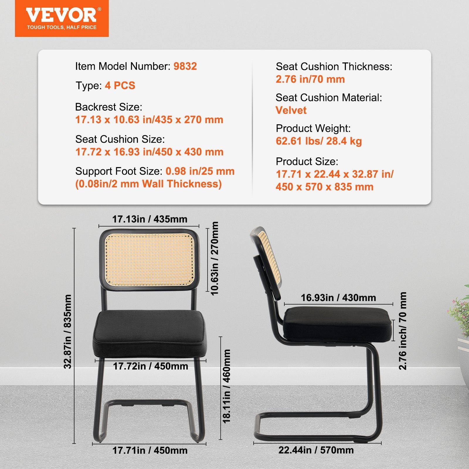 VEVOR Rattan Chairs, Set of 4, Mid Century Modern Dining Chair, Upholstered Velvet Accent Chair with Rattan Back, Retro Dining Room Kitchen Chair for Living Room, Bedroom, Reading Room, Office, Black 