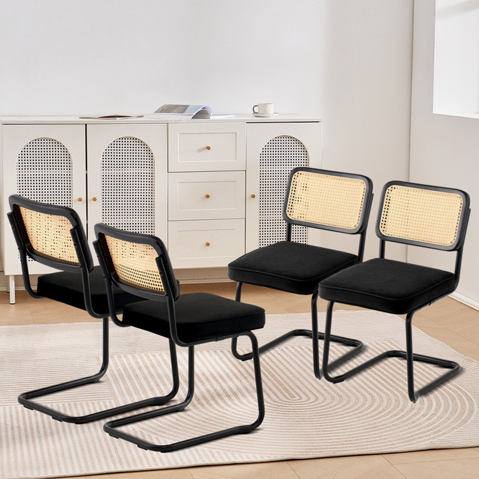 VEVOR Rattan Chairs, Set of 4, Mid Century Modern Dining Chair, Upholstered Velvet Accent Chair with Rattan Back, Retro Dining Room Kitchen Chair for Living Room, Bedroom, Reading Room, Office, Black 