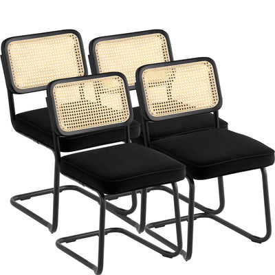VEVOR Rattan Chairs, Set of 4, Mid Century Modern Dining Chair, Upholstered Velvet Accent Chair with Rattan Back, Retro Dining Room Kitchen Chair for Living Room, Bedroom, Reading Room, Office, Black 