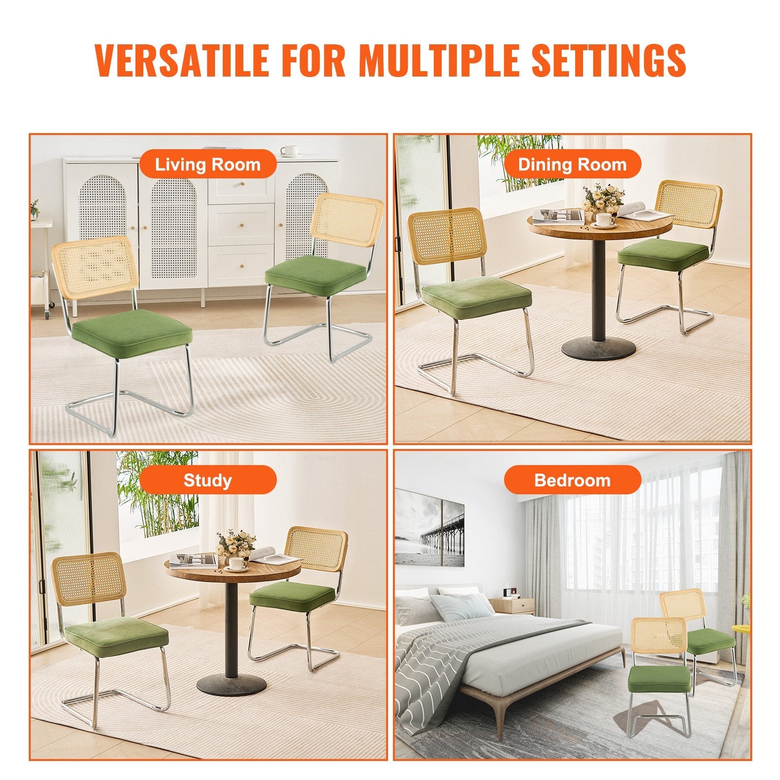 VEVOR Rattan Chairs, Set of 2, Mid Century Modern Dining Chair, Upholstered Velvet Accent Chair with Rattan Back, Retro Dining Room Kitchen Chair for Living Room, Bedroom, Reading Room, Office, Green 