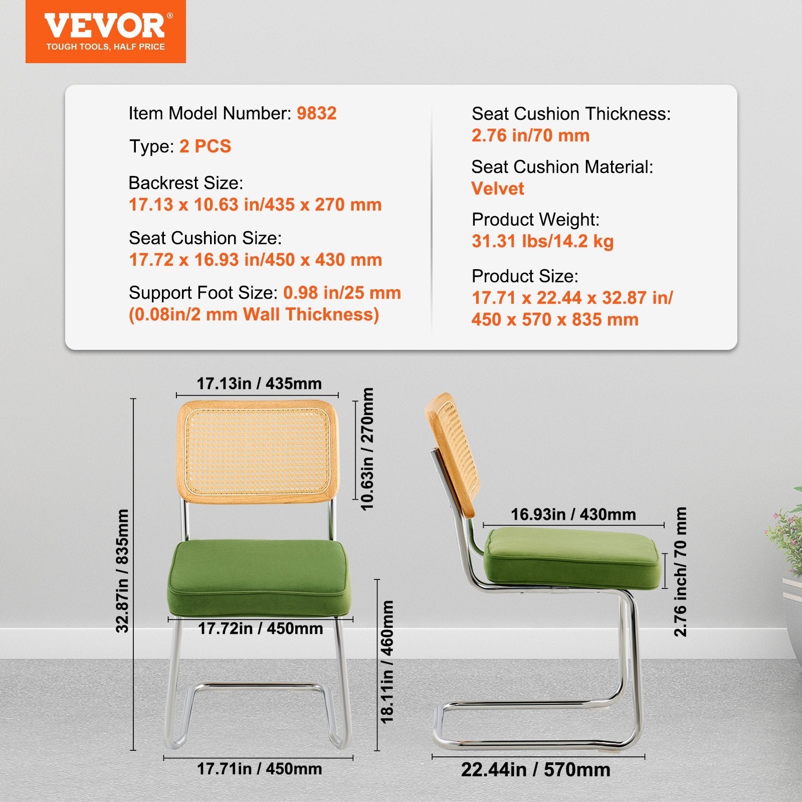 VEVOR Rattan Chairs, Set of 2, Mid Century Modern Dining Chair, Upholstered Velvet Accent Chair with Rattan Back, Retro Dining Room Kitchen Chair for Living Room, Bedroom, Reading Room, Office, Green 