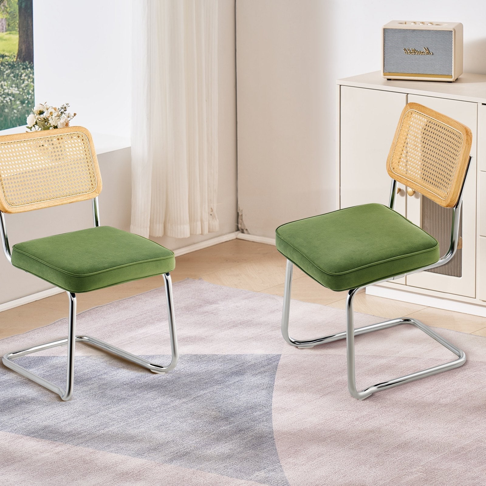 VEVOR Rattan Chairs, Set of 2, Mid Century Modern Dining Chair, Upholstered Velvet Accent Chair with Rattan Back, Retro Dining Room Kitchen Chair for Living Room, Bedroom, Reading Room, Office, Green 