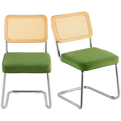 VEVOR Rattan Chairs, Set of 2, Mid Century Modern Dining Chair, Upholstered Velvet Accent Chair with Rattan Back, Retro Dining Room Kitchen Chair for Living Room, Bedroom, Reading Room, Office, Green 
