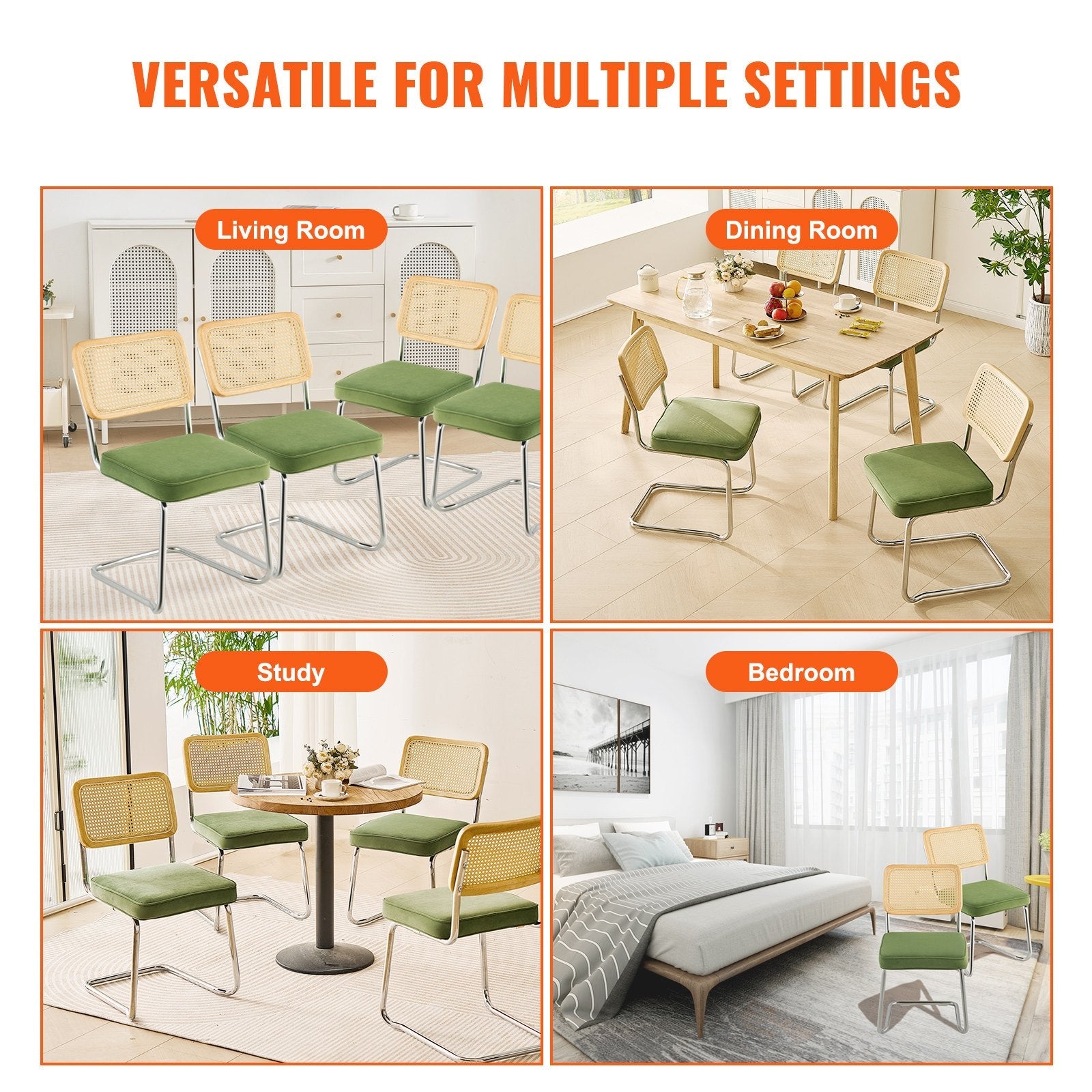 VEVOR Rattan Chairs, Set of 4, Mid Century Modern Dining Chair, Upholstered Velvet Accent Chair with Rattan Back, Retro Dining Room Kitchen Chair for Living Room, Bedroom, Reading Room, Office, Green 