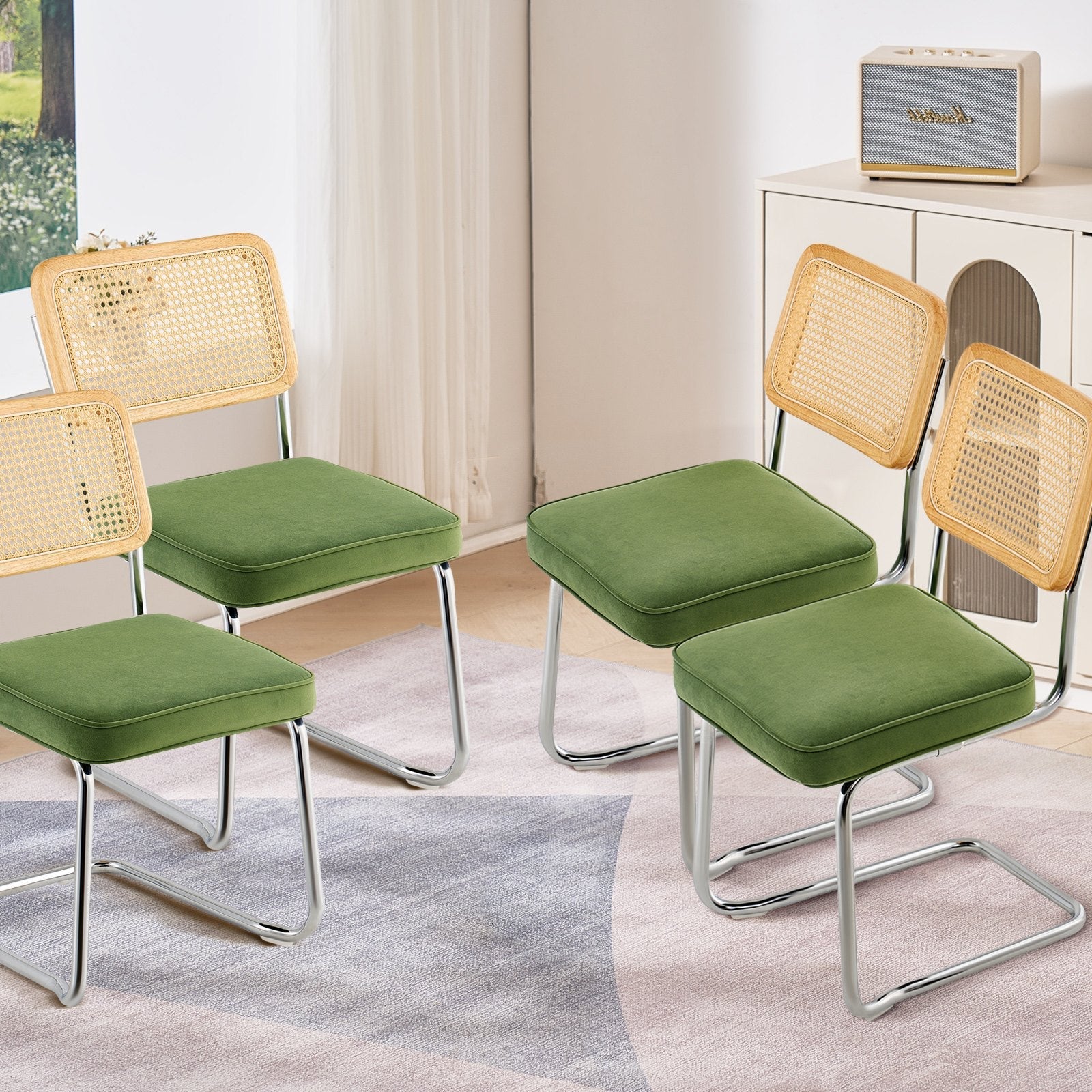 VEVOR Rattan Chairs, Set of 4, Mid Century Modern Dining Chair, Upholstered Velvet Accent Chair with Rattan Back, Retro Dining Room Kitchen Chair for Living Room, Bedroom, Reading Room, Office, Green 