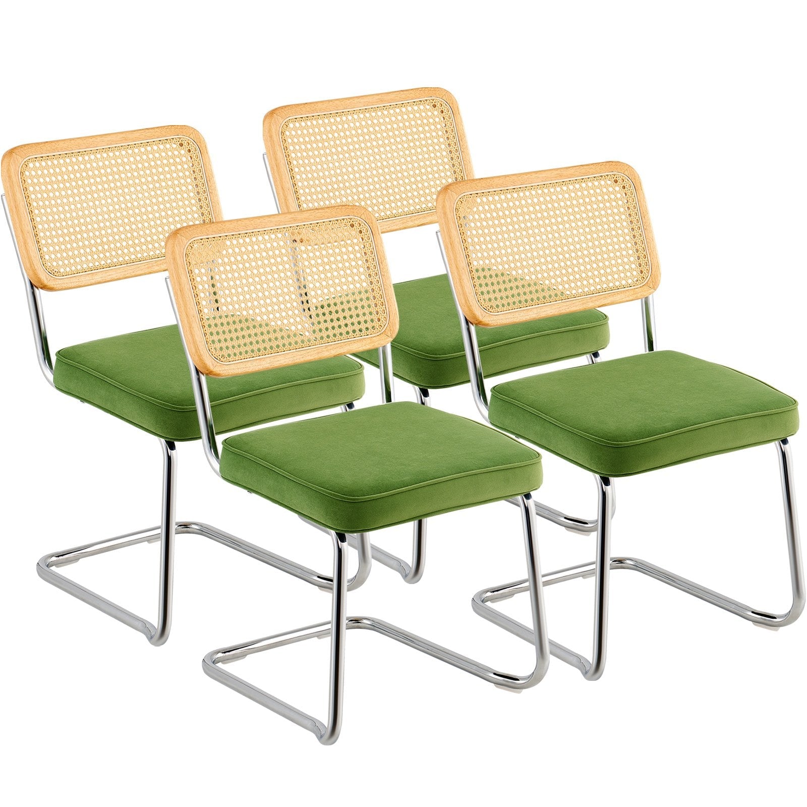VEVOR Rattan Chairs, Set of 4, Mid Century Modern Dining Chair, Upholstered Velvet Accent Chair with Rattan Back, Retro Dining Room Kitchen Chair for Living Room, Bedroom, Reading Room, Office, Green 