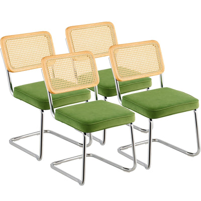 VEVOR Rattan Chairs, Set of 4, Mid Century Modern Dining Chair, Upholstered Velvet Accent Chair with Rattan Back, Retro Dining Room Kitchen Chair for Living Room, Bedroom, Reading Room, Office, Green 