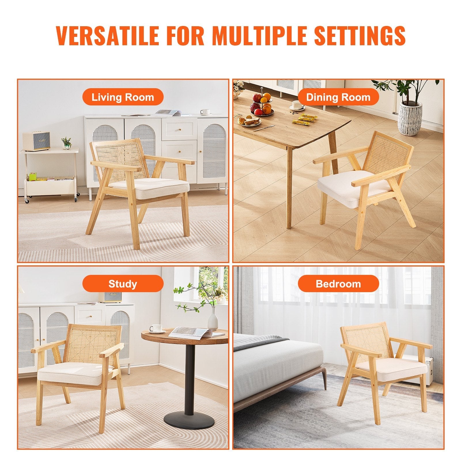 VEVOR Rattan Chair, Mid Century Modern Dining Chair with Armrest, Upholstered Chair with Rattan Back, Retro Rattan Dining Room Kitchen Chair for Living Room, Bedroom, Reading Room, and Office, Beige 