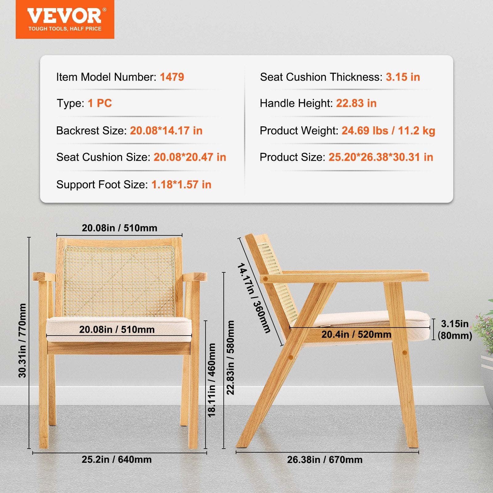 VEVOR Rattan Chair, Mid Century Modern Dining Chair with Armrest, Upholstered Chair with Rattan Back, Retro Rattan Dining Room Kitchen Chair for Living Room, Bedroom, Reading Room, and Office, Beige 