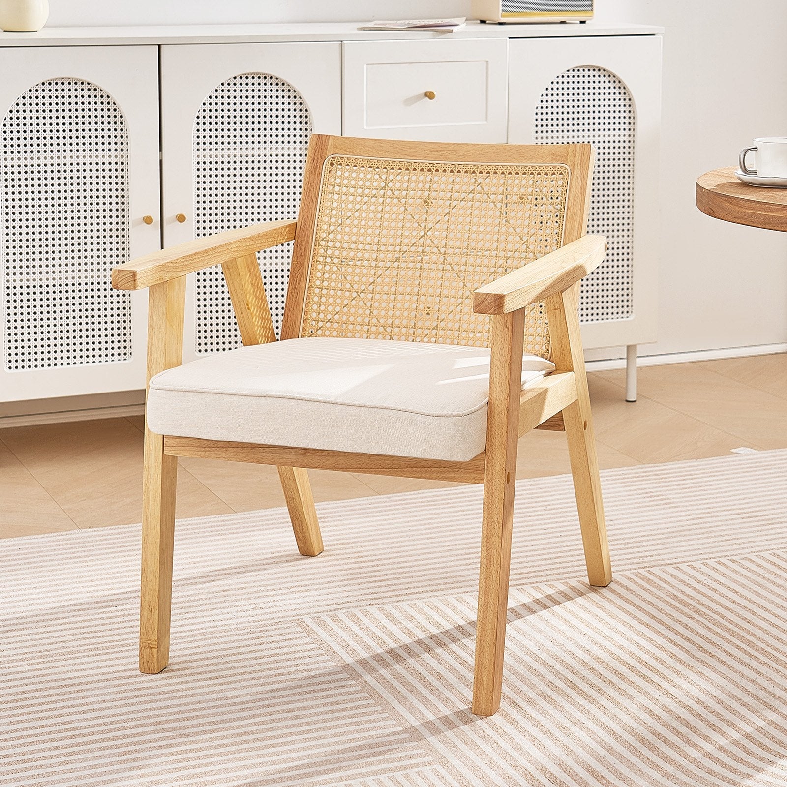 VEVOR Rattan Chair, Mid Century Modern Dining Chair with Armrest, Upholstered Chair with Rattan Back, Retro Rattan Dining Room Kitchen Chair for Living Room, Bedroom, Reading Room, and Office, Beige 