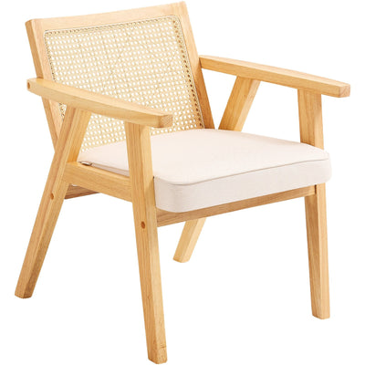 VEVOR Rattan Chair, Mid Century Modern Dining Chair with Armrest, Upholstered Chair with Rattan Back, Retro Rattan Dining Room Kitchen Chair for Living Room, Bedroom, Reading Room, and Office, Beige 