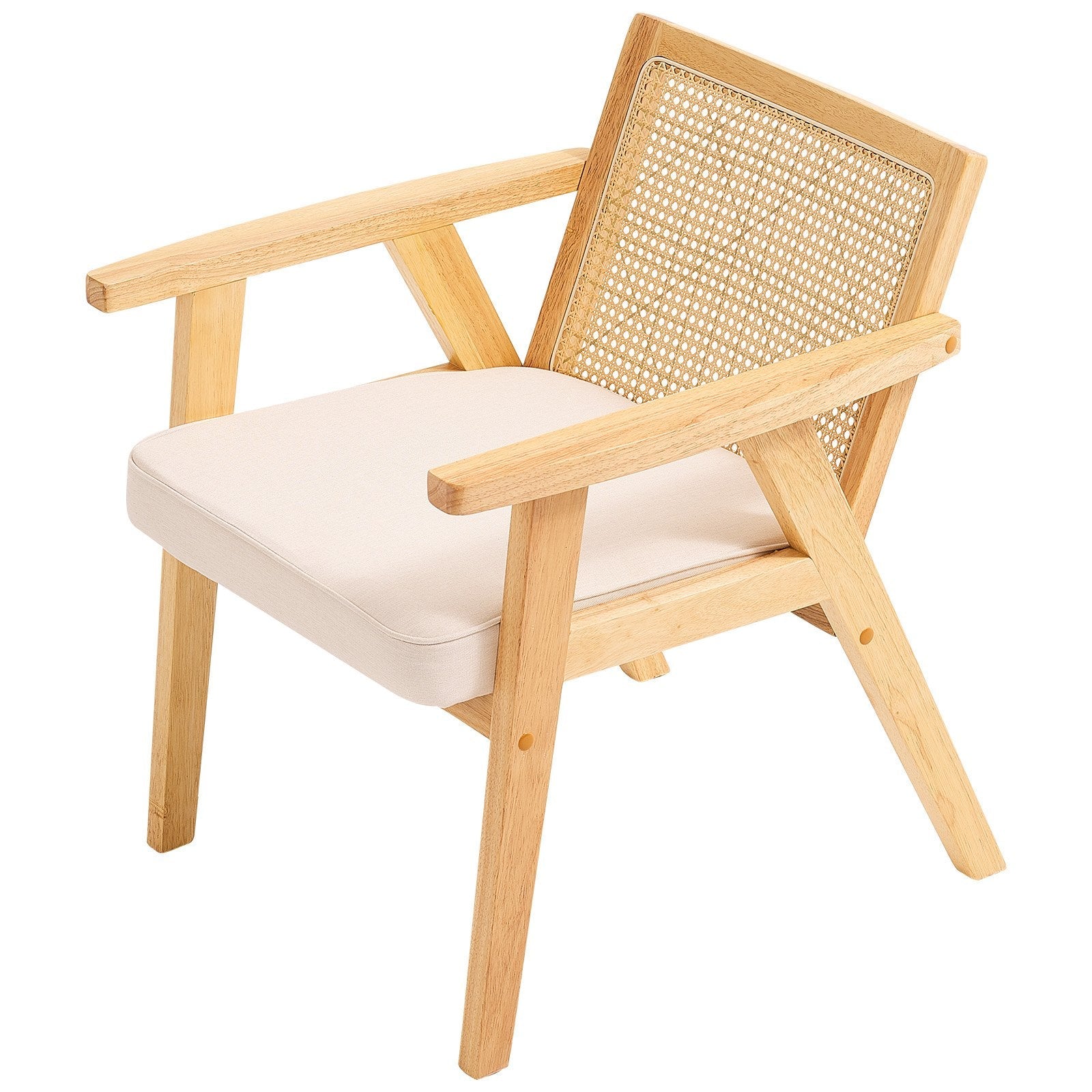 VEVOR Rattan Chair, Mid Century Modern Dining Chair with Armrest, Upholstered Chair with Rattan Back, Retro Rattan Dining Room Kitchen Chair for Living Room, Bedroom, Reading Room, and Office, Beige 