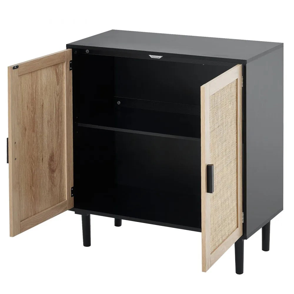 VEVOR Rattan Cabinet Storage with 2 Magnetic Doors and Adjustable Shelves Black
