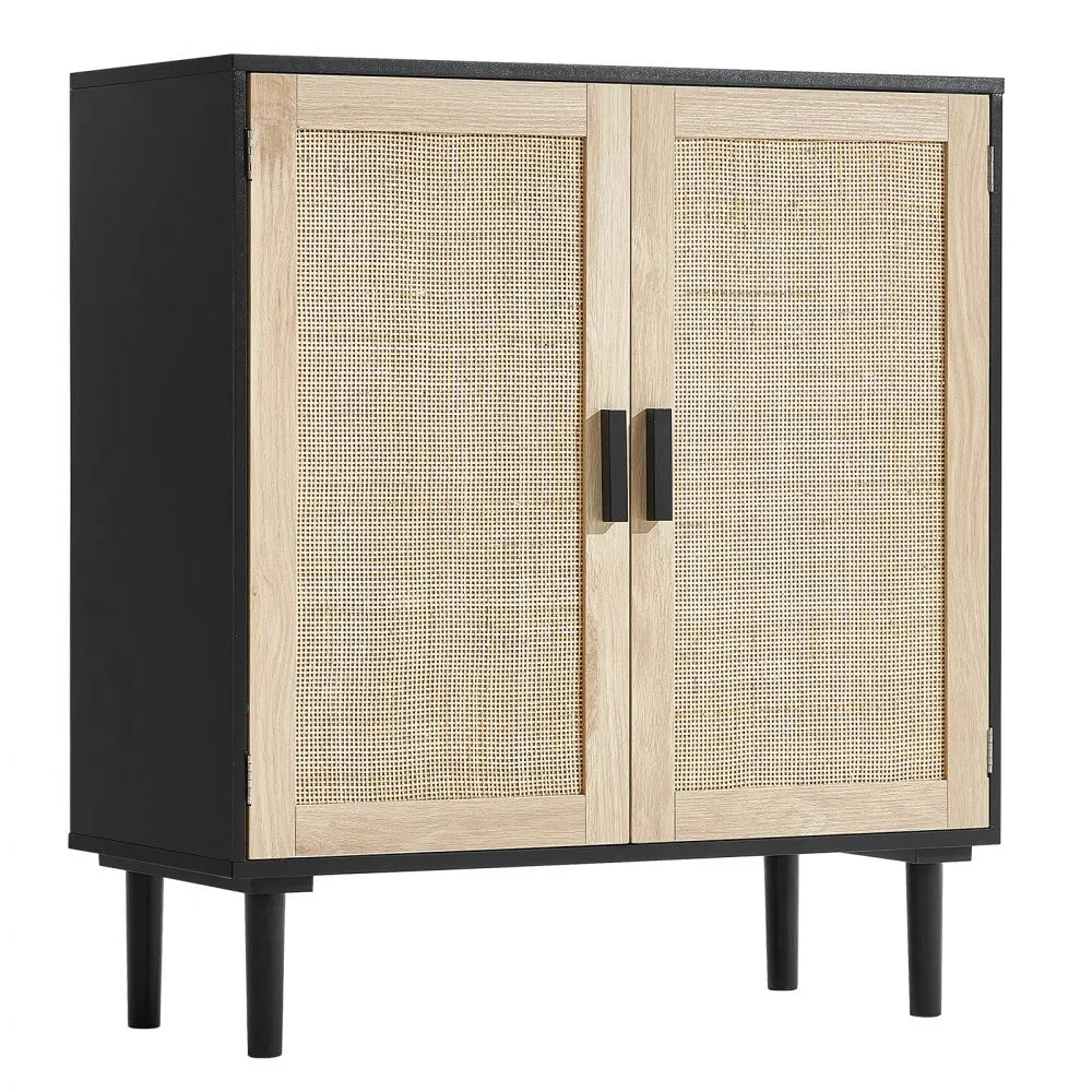 VEVOR Rattan Cabinet Storage with 2 Magnetic Doors and Adjustable Shelves Black