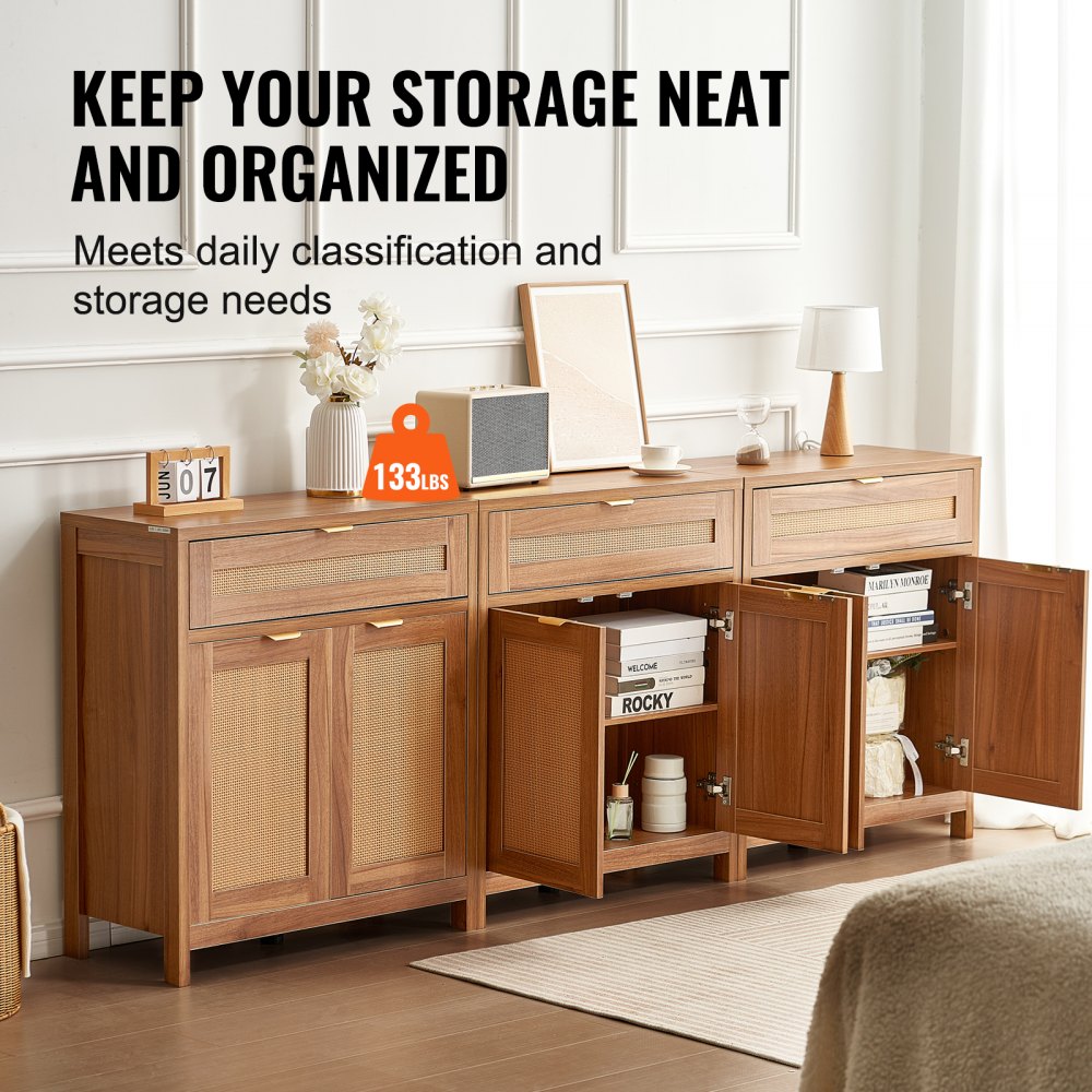 VEVOR Rattan Cabinet with 6 Doors 3 Drawers Adjustable Shelves Set of 3 Natural 