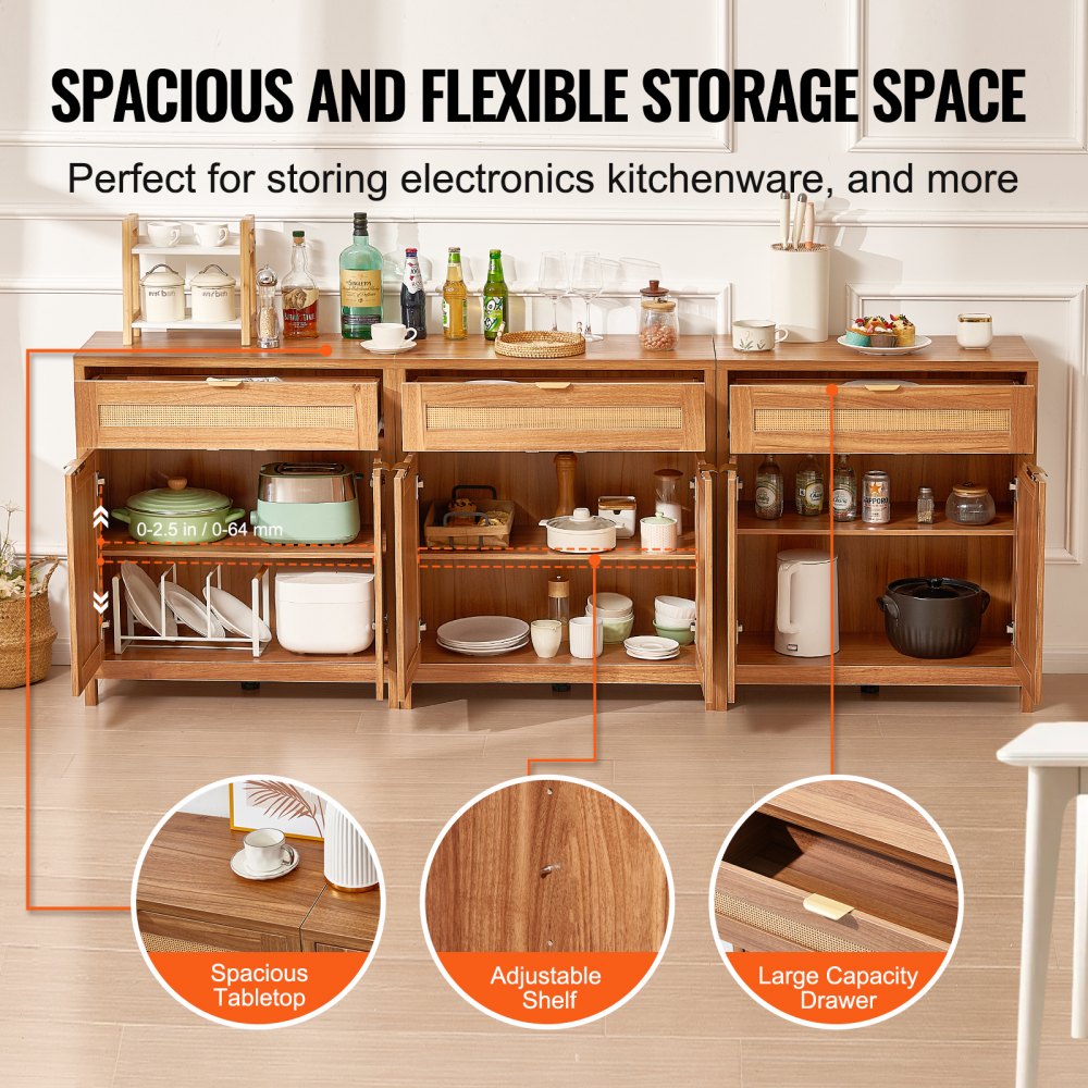 VEVOR Rattan Cabinet with 6 Doors 3 Drawers Adjustable Shelves Set of 3 Natural 