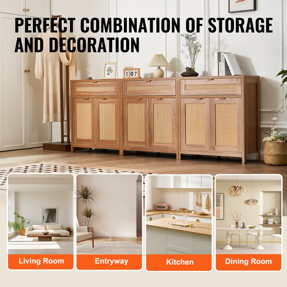 VEVOR Rattan Cabinet with 6 Doors 3 Drawers Adjustable Shelves Set of 3 Natural 