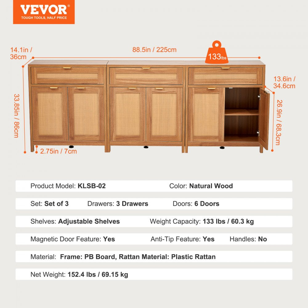 VEVOR Rattan Cabinet with 6 Doors 3 Drawers Adjustable Shelves Set of 3 Natural 