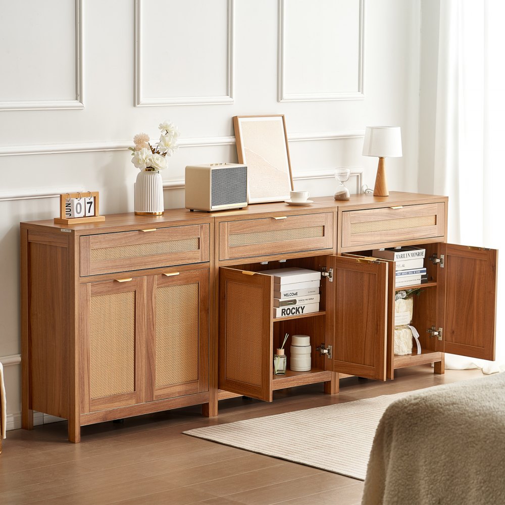 VEVOR Rattan Cabinet with 6 Doors 3 Drawers Adjustable Shelves Set of 3 Natural 