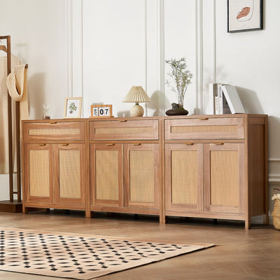 VEVOR Rattan Cabinet with 6 Doors 3 Drawers Adjustable Shelves Set of 3 Natural 