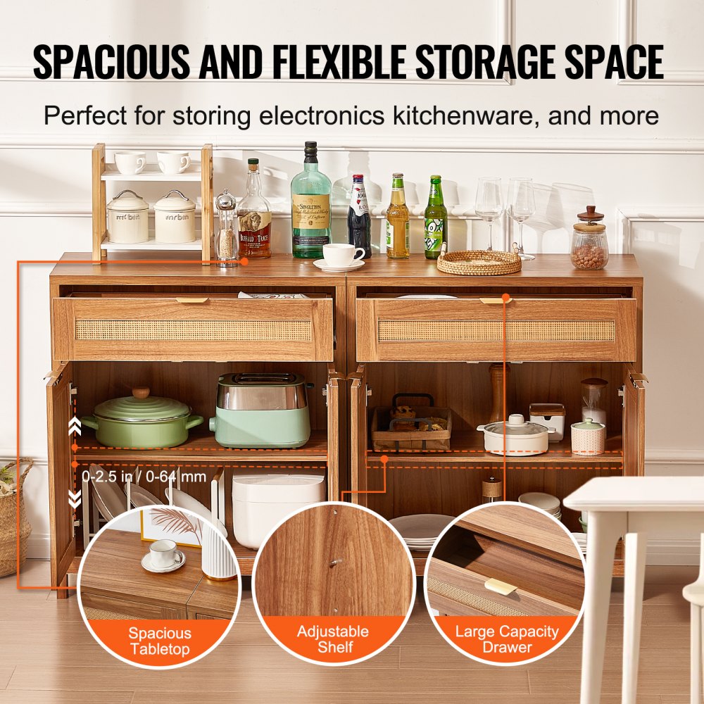 VEVOR Rattan Cabinet with 4 Doors 2 Drawers Adjustable Shelves Set of 2 Natural 