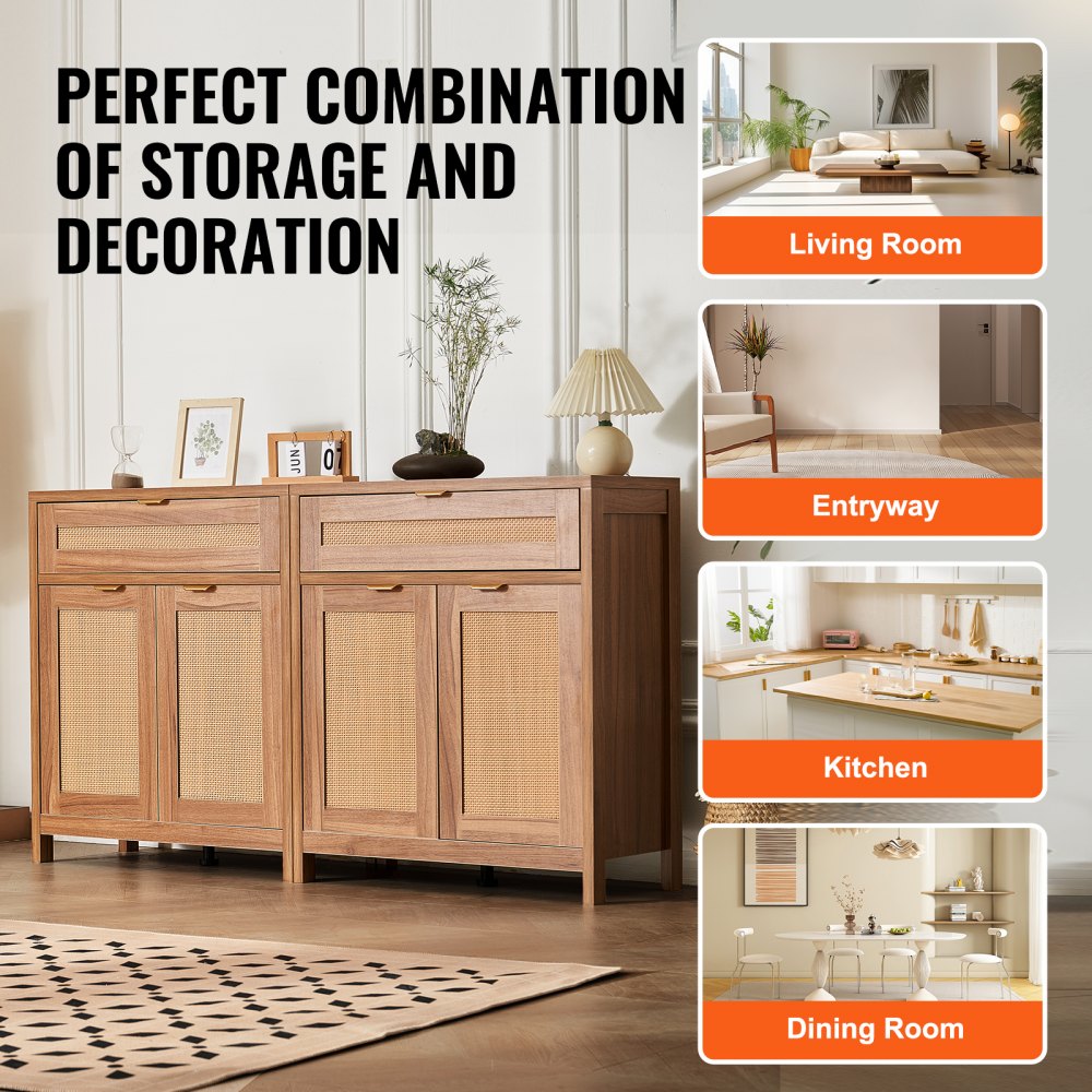 VEVOR Rattan Cabinet with 4 Doors 2 Drawers Adjustable Shelves Set of 2 Natural 
