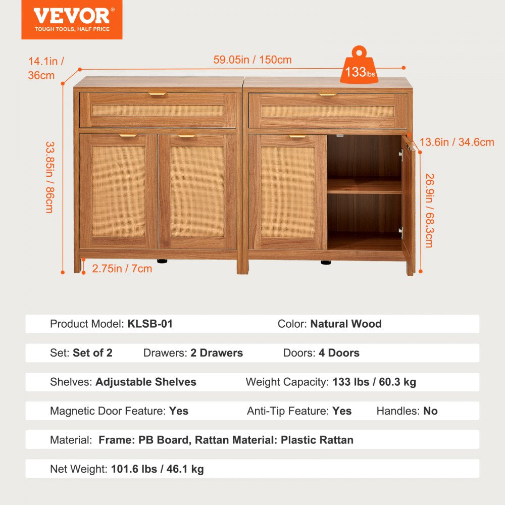 VEVOR Rattan Cabinet with 4 Doors 2 Drawers Adjustable Shelves Set of 2 Natural 