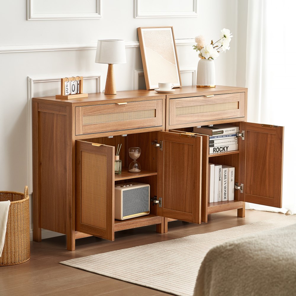 VEVOR Rattan Cabinet with 4 Doors 2 Drawers Adjustable Shelves Set of 2 Natural 