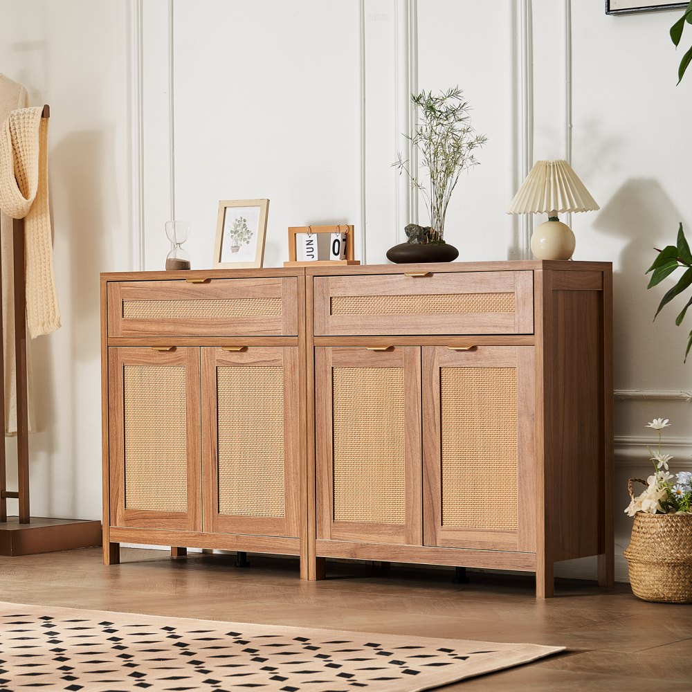 VEVOR Rattan Cabinet with 4 Doors 2 Drawers Adjustable Shelves Set of 2 Natural 
